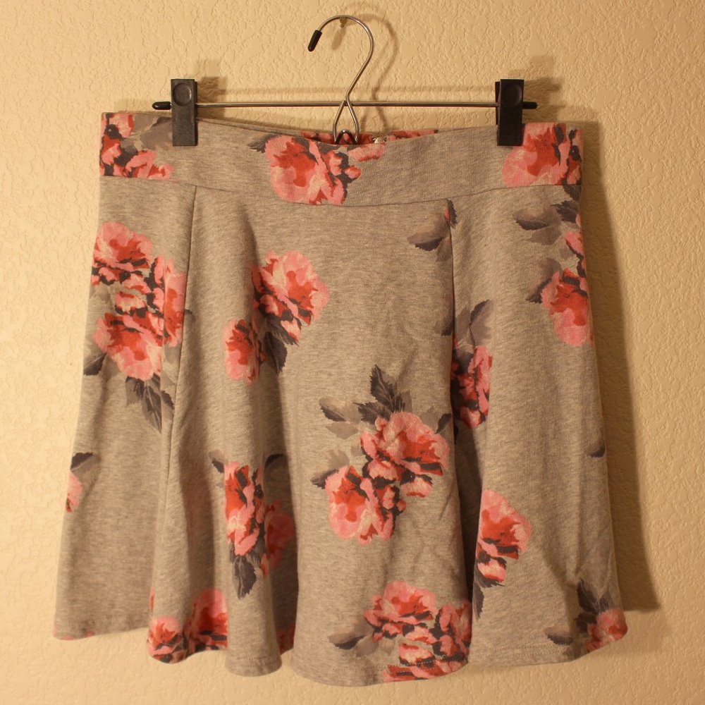 Grey Mini Skirt with Pink Flowers